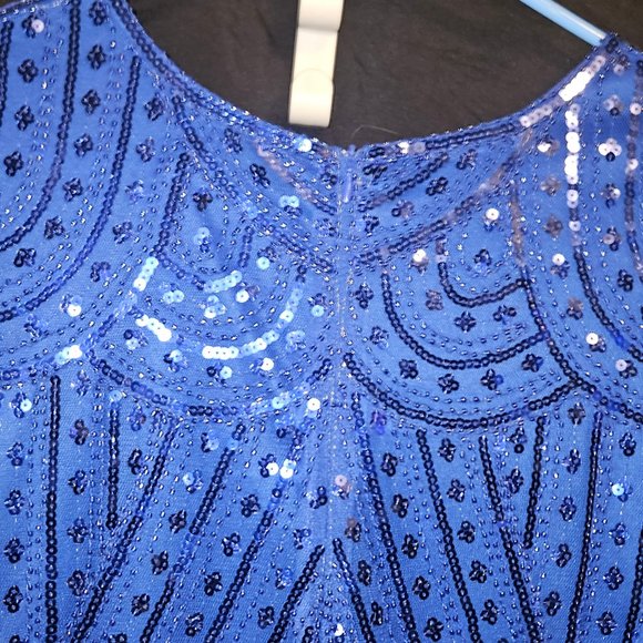 1920s Blue Beaded & Sequin Mable Flapper Dress Large - Picture 5 of 6